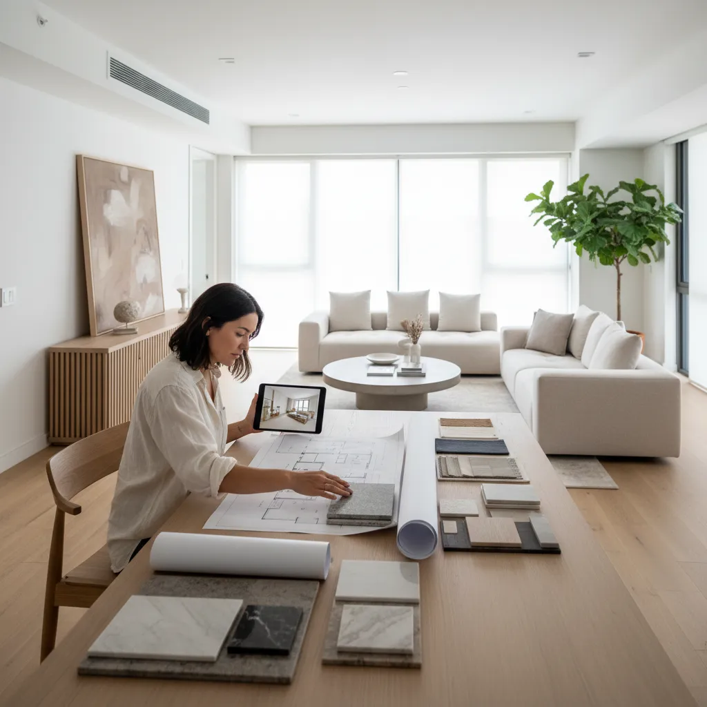 Female designer reviews interior design drawing with material samples and tablet in bright living room