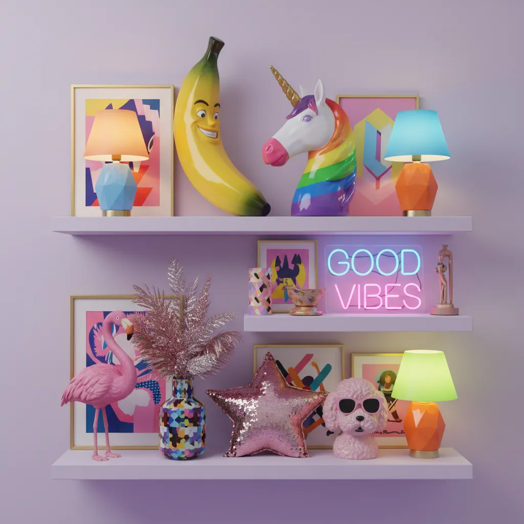 Colección de objetos decorativos kitsch como esculturas pop y lámparas retro.