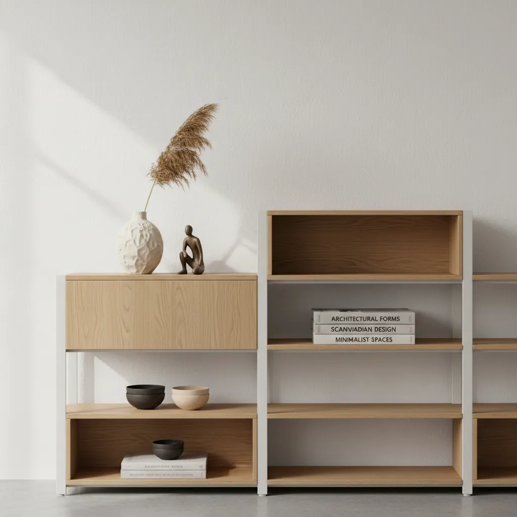 Estantería moderna con pocos objetos decorativos bien organizados