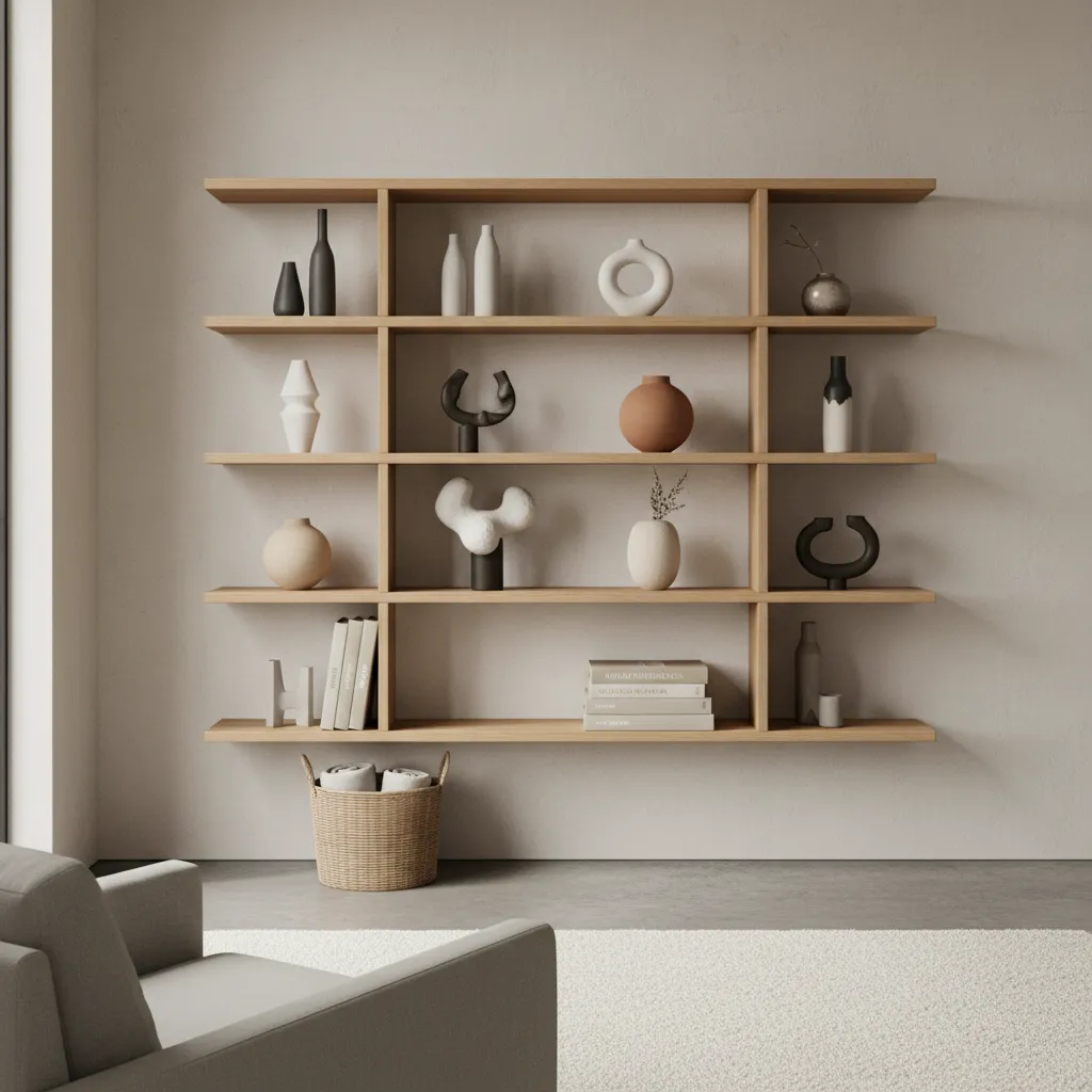 Wooden wall shelf with ceramic vases books and a basket in a modern neutral room