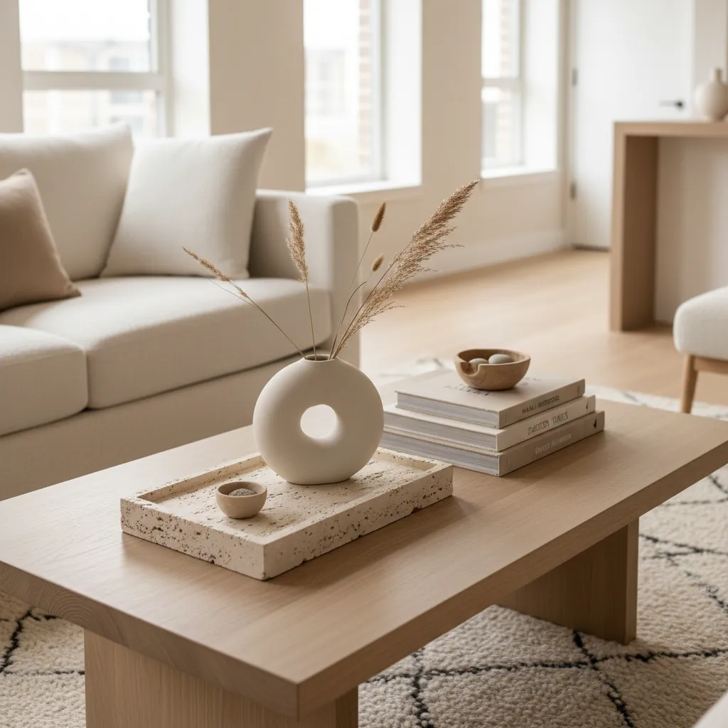 Mesa de centro con bandeja de piedra y jarrón moderno