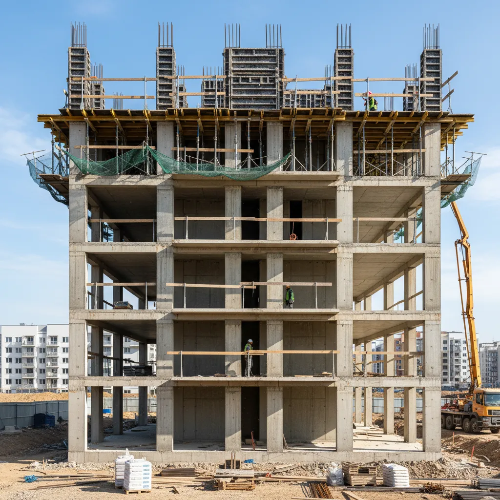 Estructura de vivienda en construcción mostrando muros y vigas