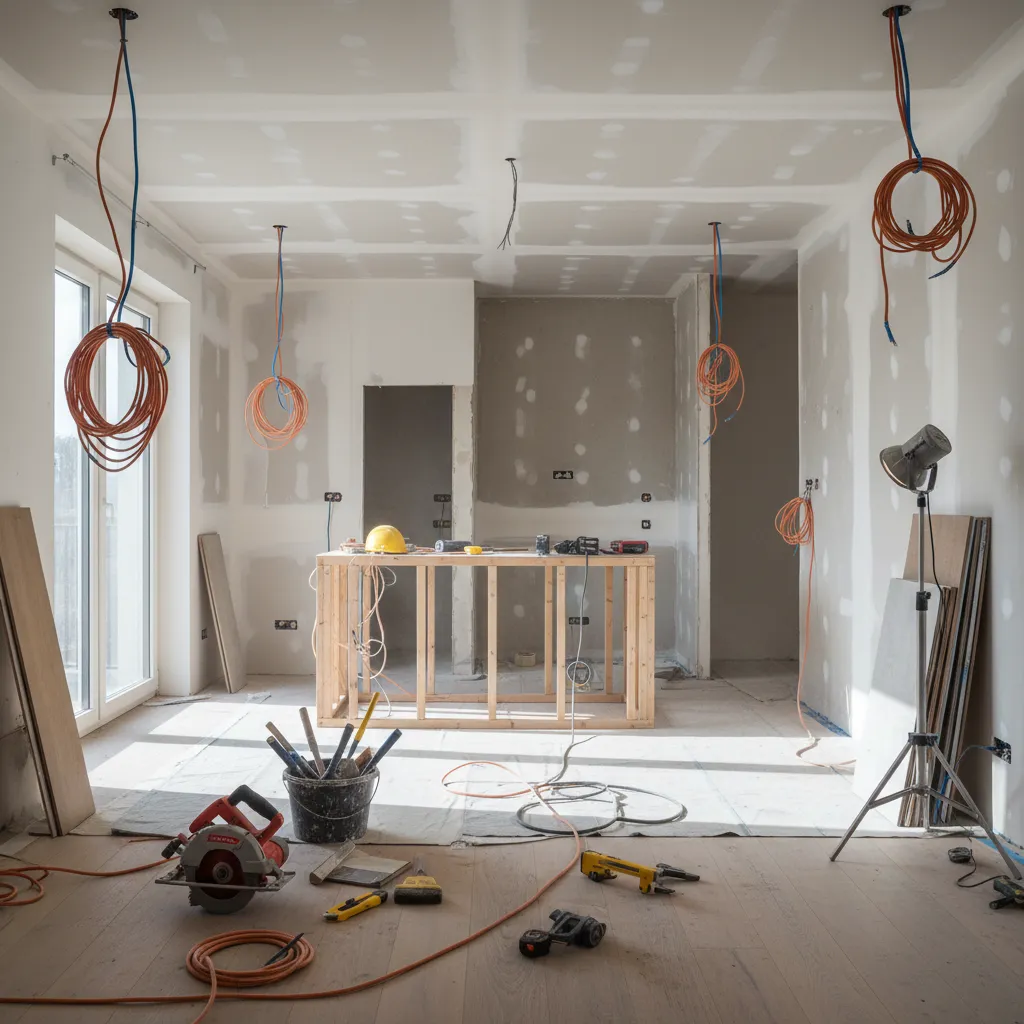 Espacio interior en renovación mostrando instalaciones y estructura