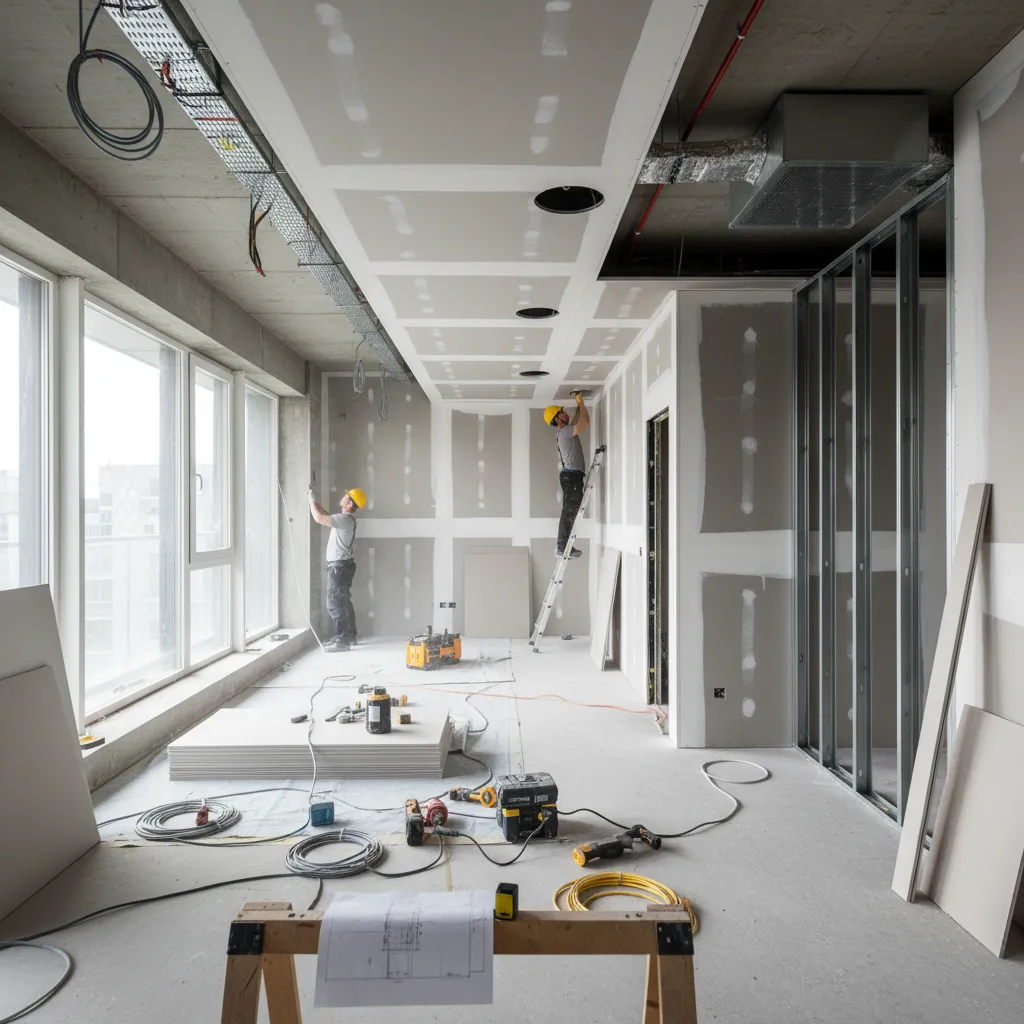 Obra de reforma interior en proceso con instaladores trabajando