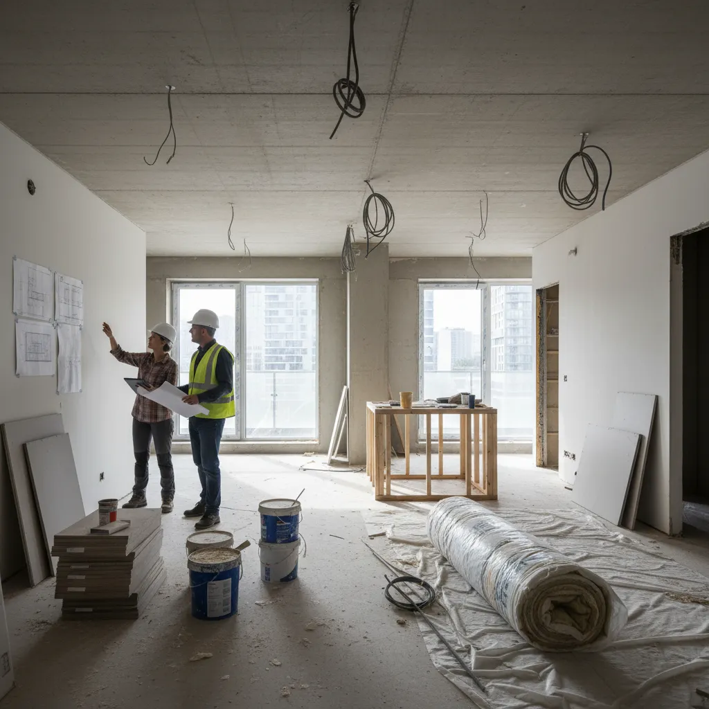 Two workers in safety hats looking at drawings on a wall inside a house renovation
