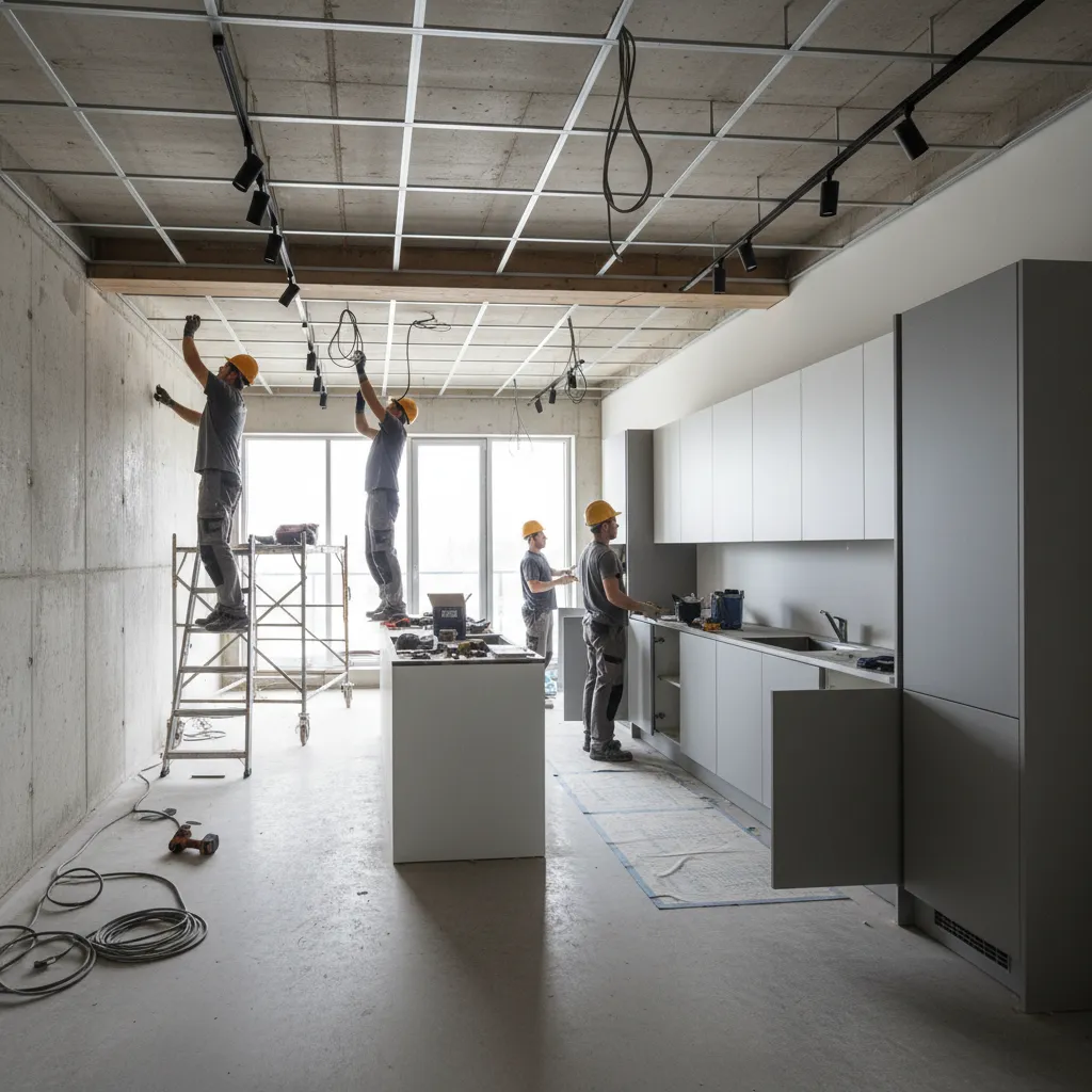 Four construction workers installing kitchen cabinets and ceiling lights in a modern room under renovation