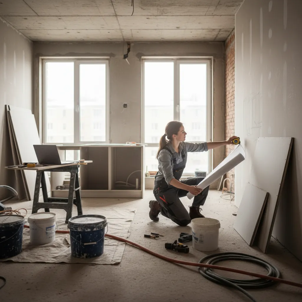 Espacio interior en reforma con planos y diseñador revisando medidas