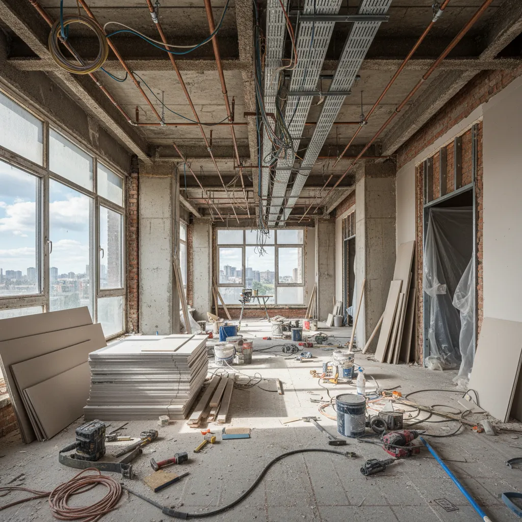 Espacio interior en reforma mostrando instalaciones y estructura