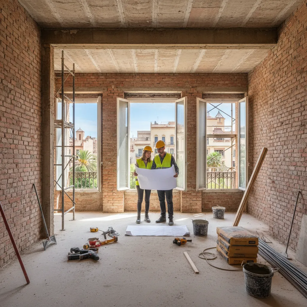 Two workers wearing yellow safety vests looking at house plans in a room under renovation