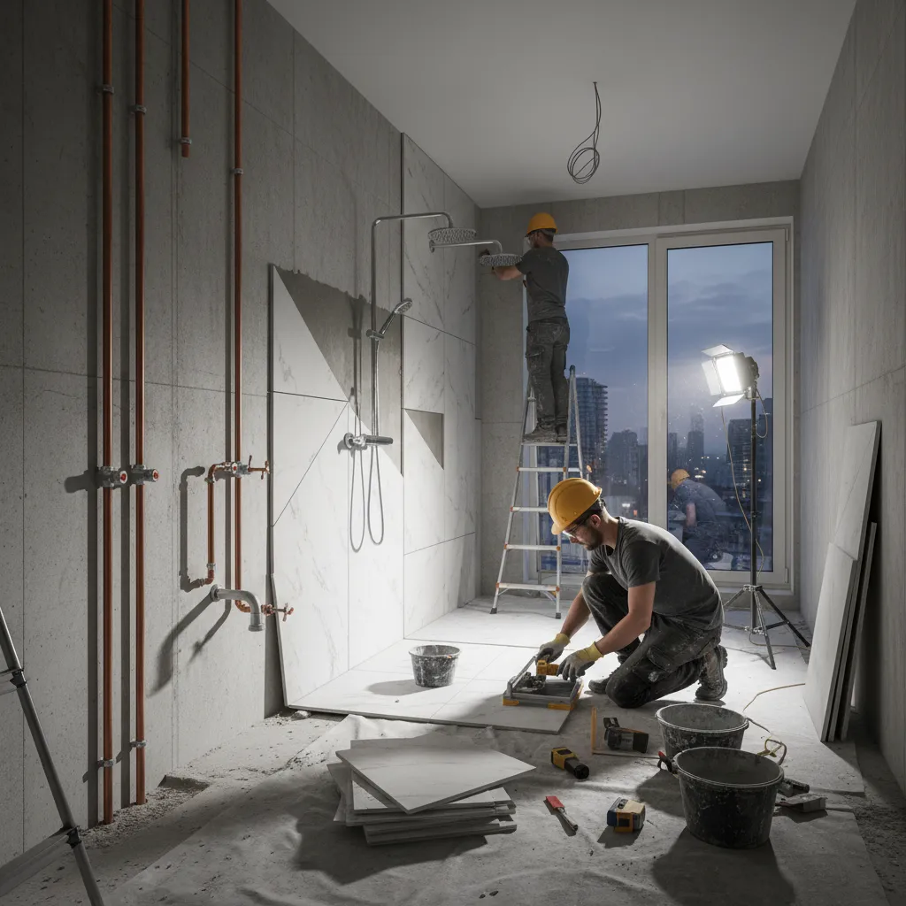 Proceso de obra en remodelación de baño con instalaciones visibles