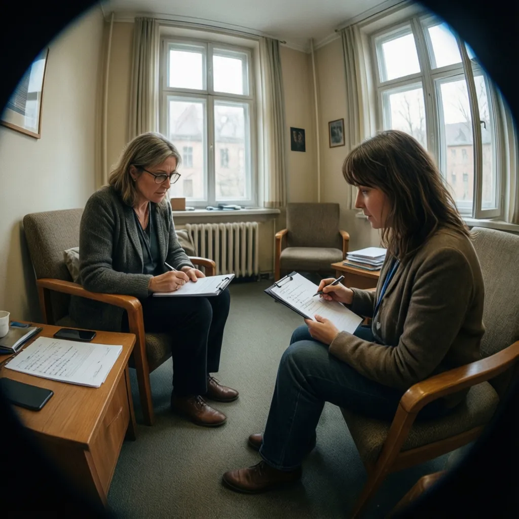 Two women sitting in armchairs in small office writing on clipboards seen through circular lens