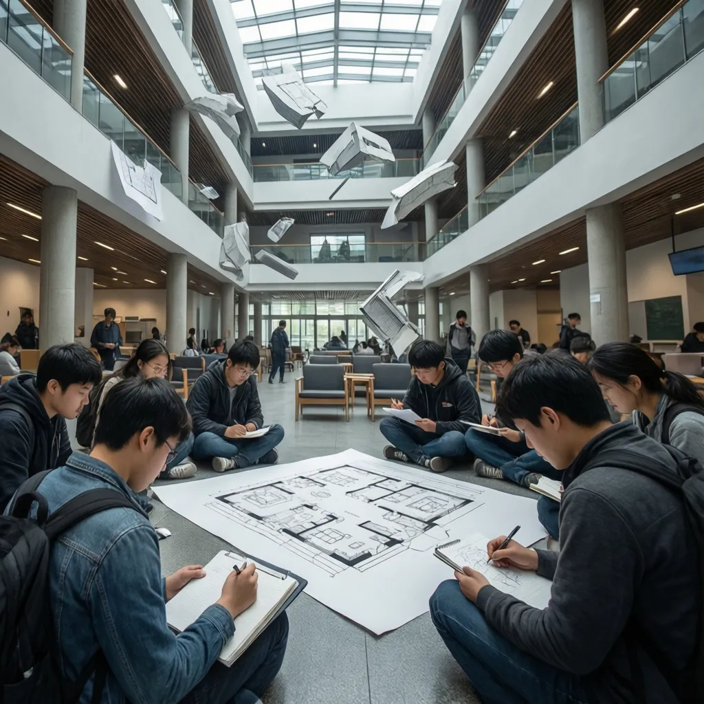 Students sitting on floor around large floor plan drawing in modern hall with flying papers