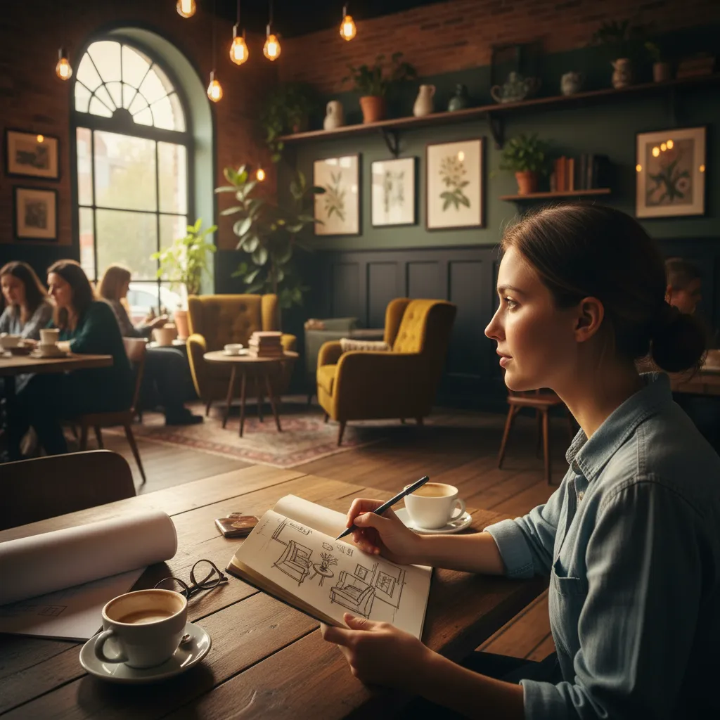 Persona dibujando el interior de una cafetería para practicar diseño