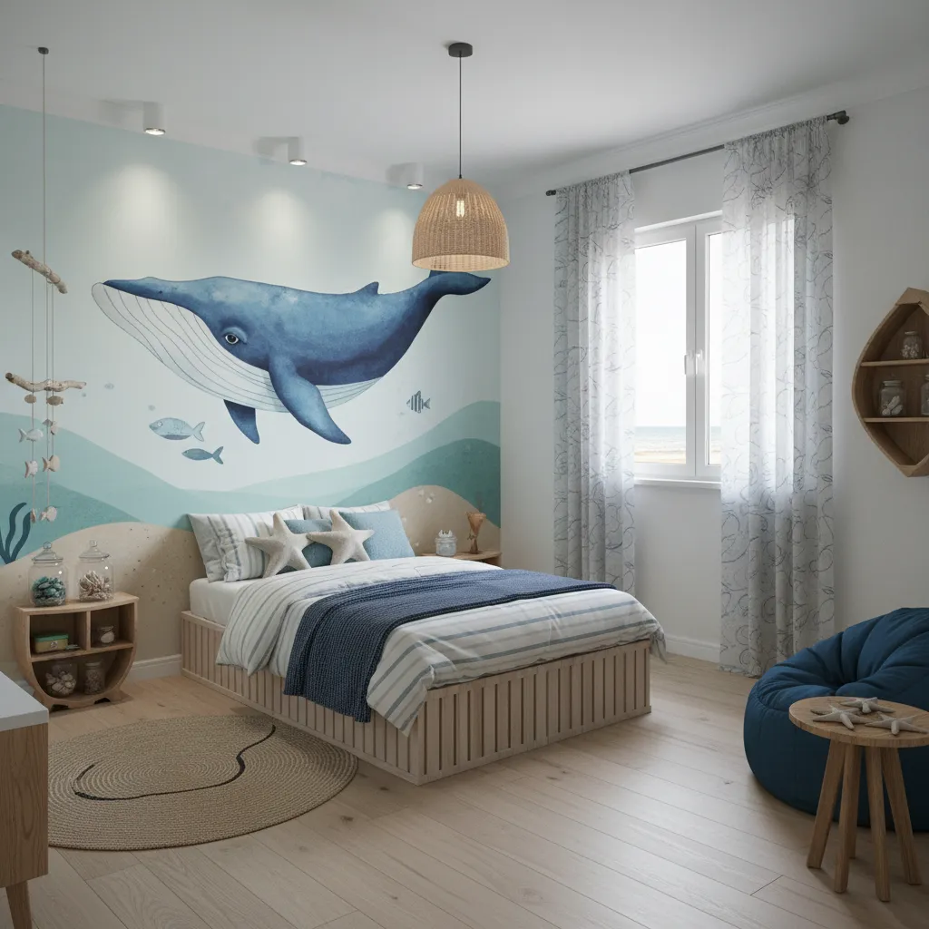 ocean themed kids bedroom with whale artwork and blue palette