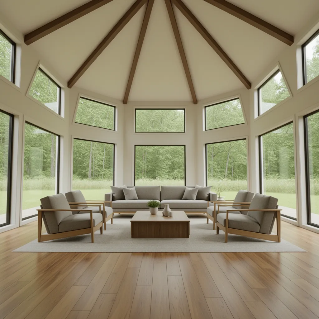 Interior of an octagon house showing central living space with angled walls and surrounding windows