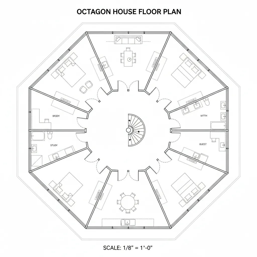 octagon house floor plan layout showing radial room design