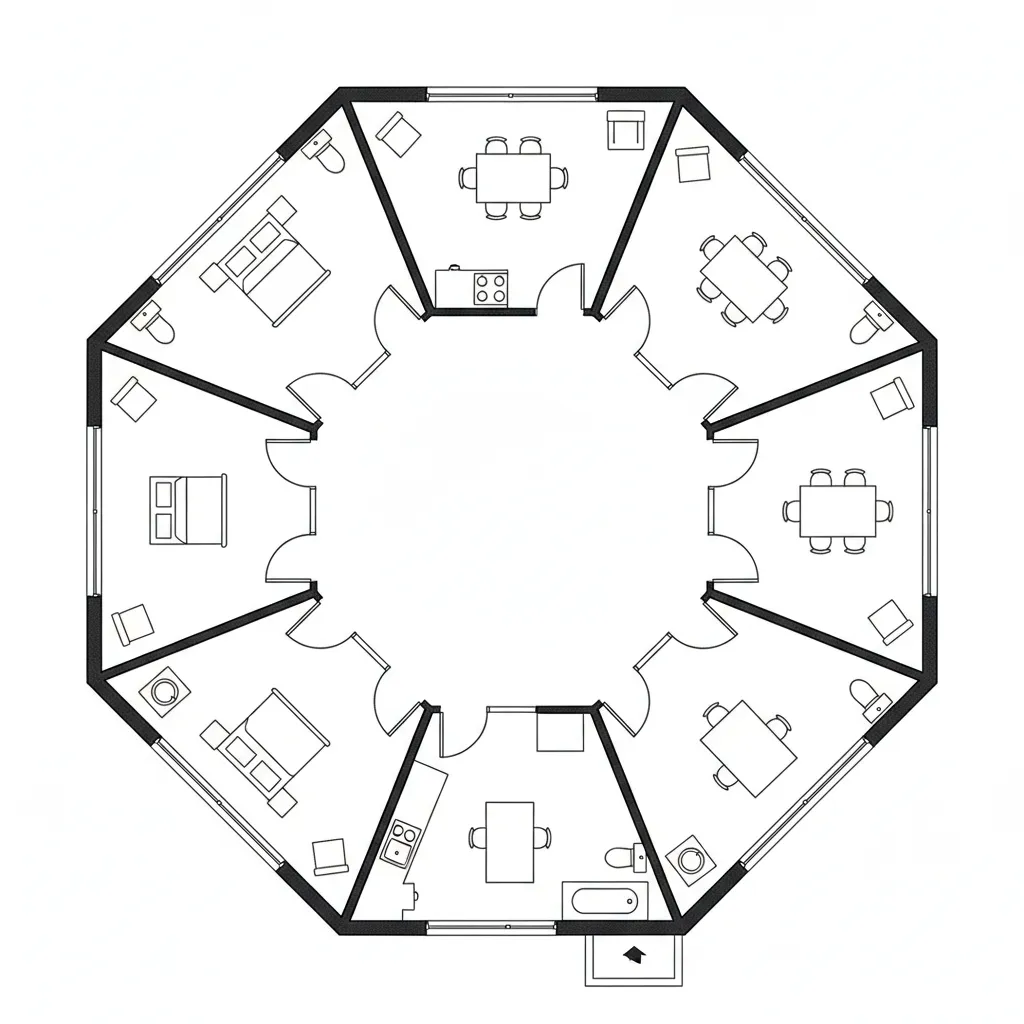 architectural floor plan of an octagon house with central living area