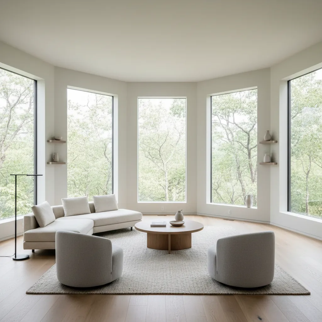 interior living room inside an octagon house with panoramic windows