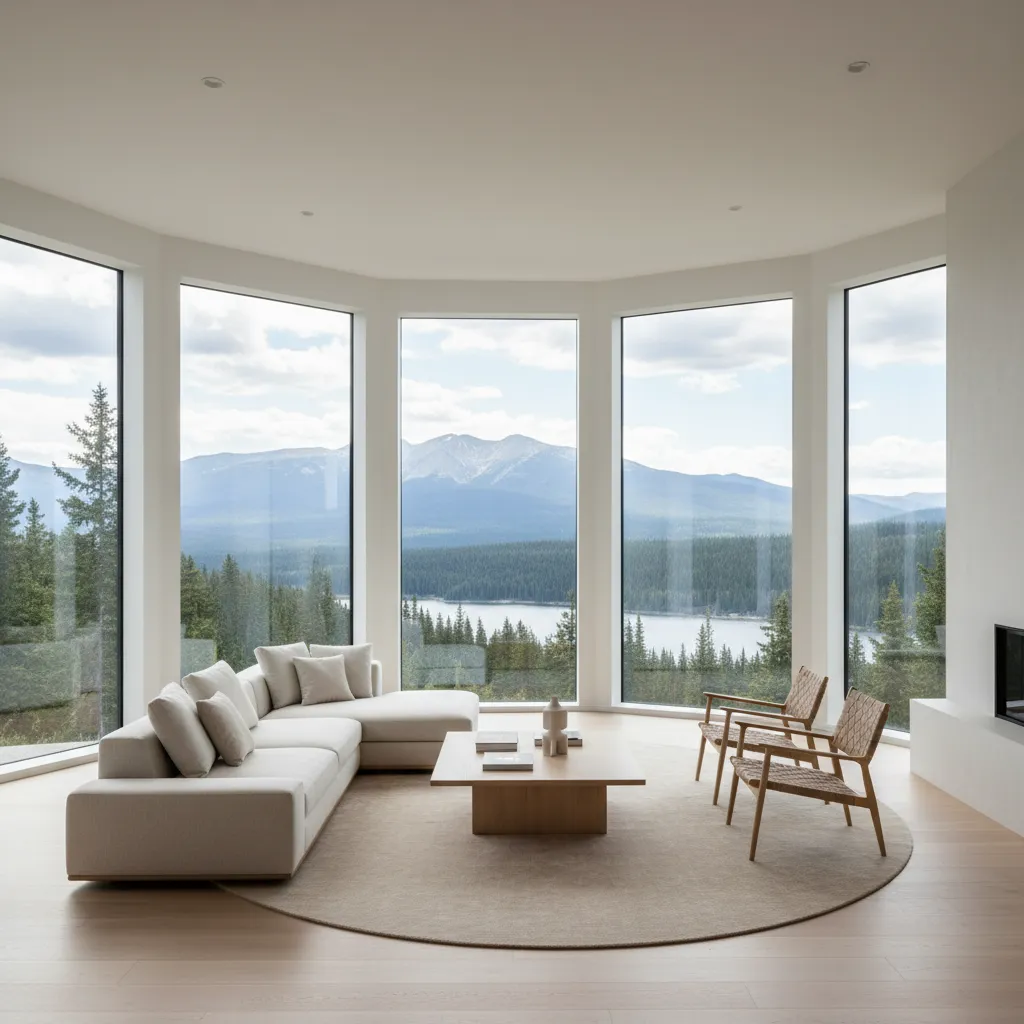 octagon home interior with panoramic windows and scenic views