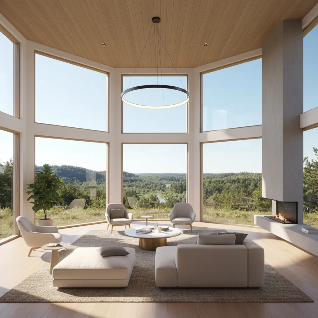 Octagon house interior showing panoramic windows providing natural light and ventilation
