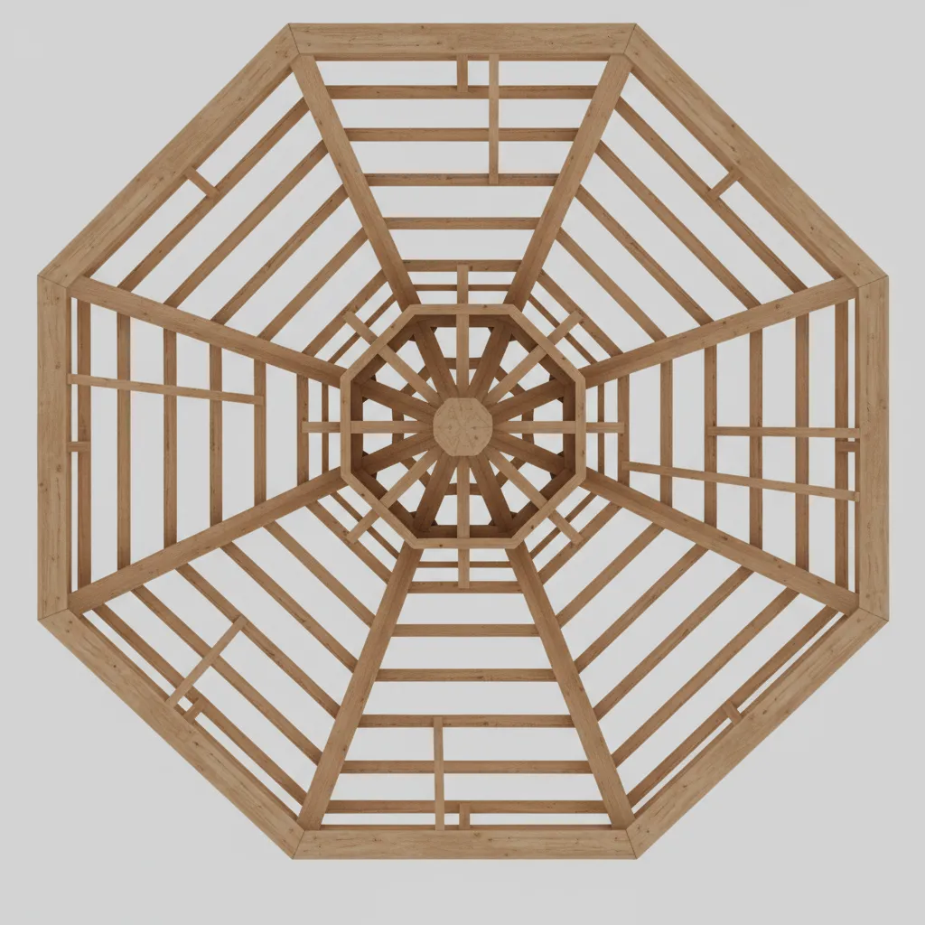 structural framing of an octagon house roof with radial rafters