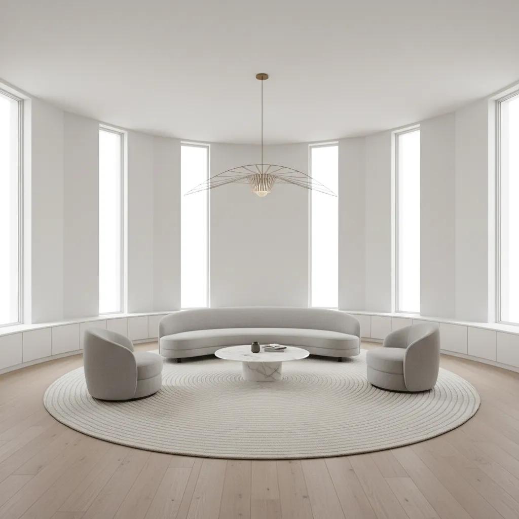 Interior overview of an octagon living room showing radial circulation and central furniture placement