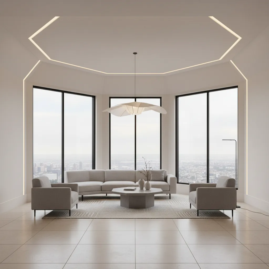 living room with angled walls demonstrating furniture placement challenges