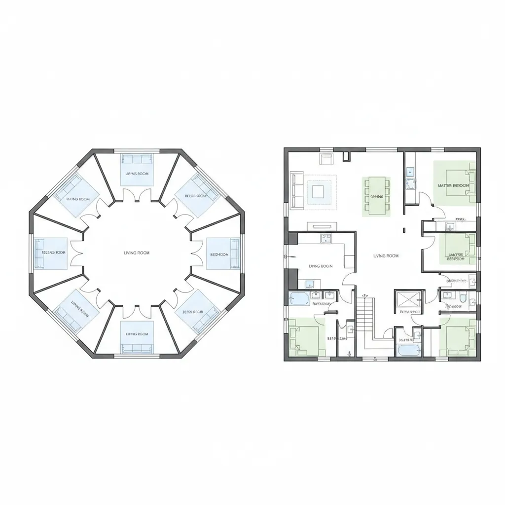 Comparison floor plan diagram showing octagon house layout next to square house layout