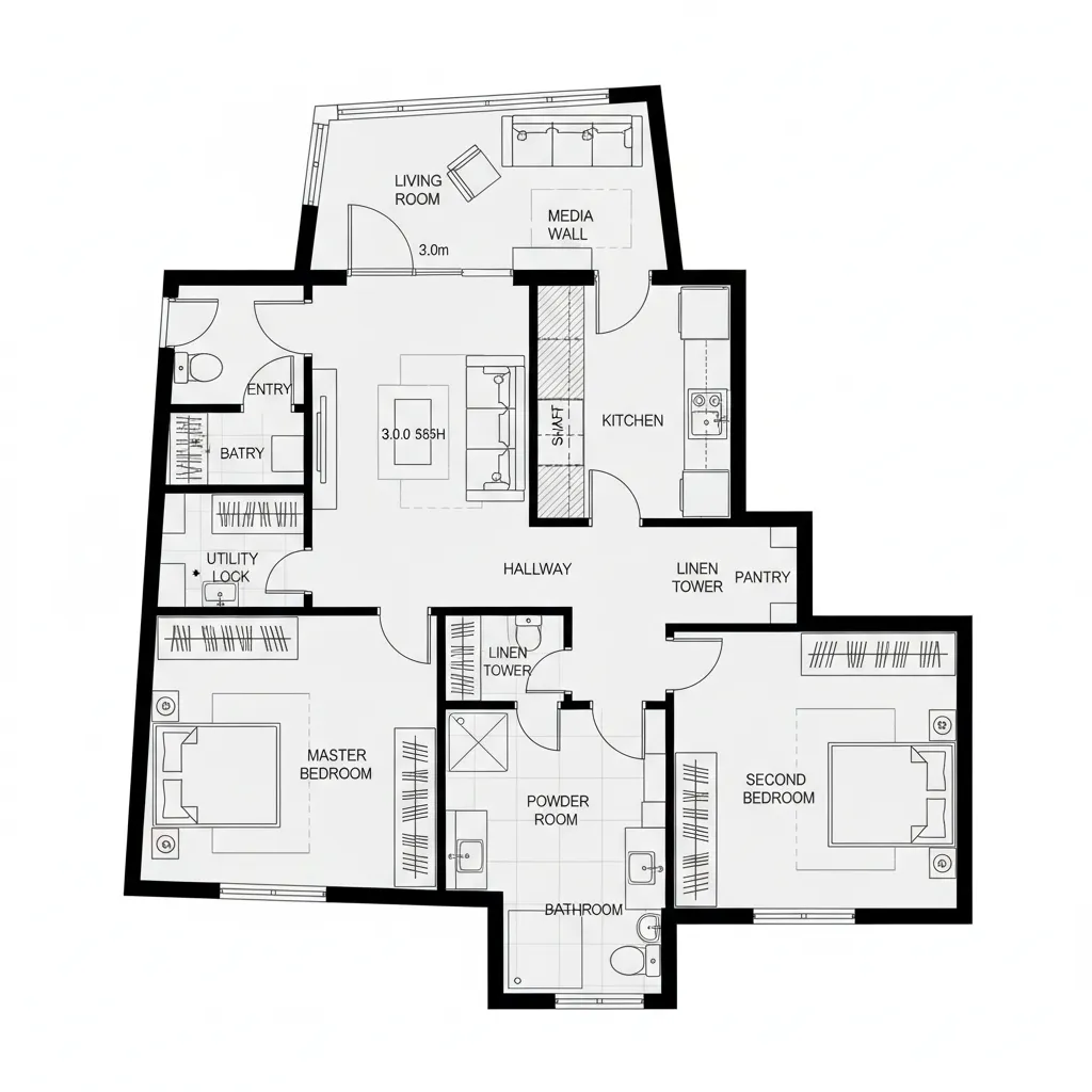 Top-down CAD plan with stacked wet cores and bedrooms isolated for acoustic control