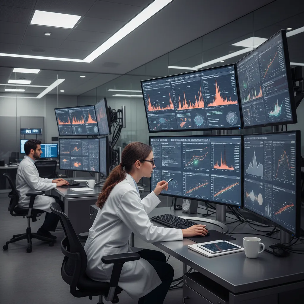 Two people in white coats working at office desks with many screens showing colorful graphs