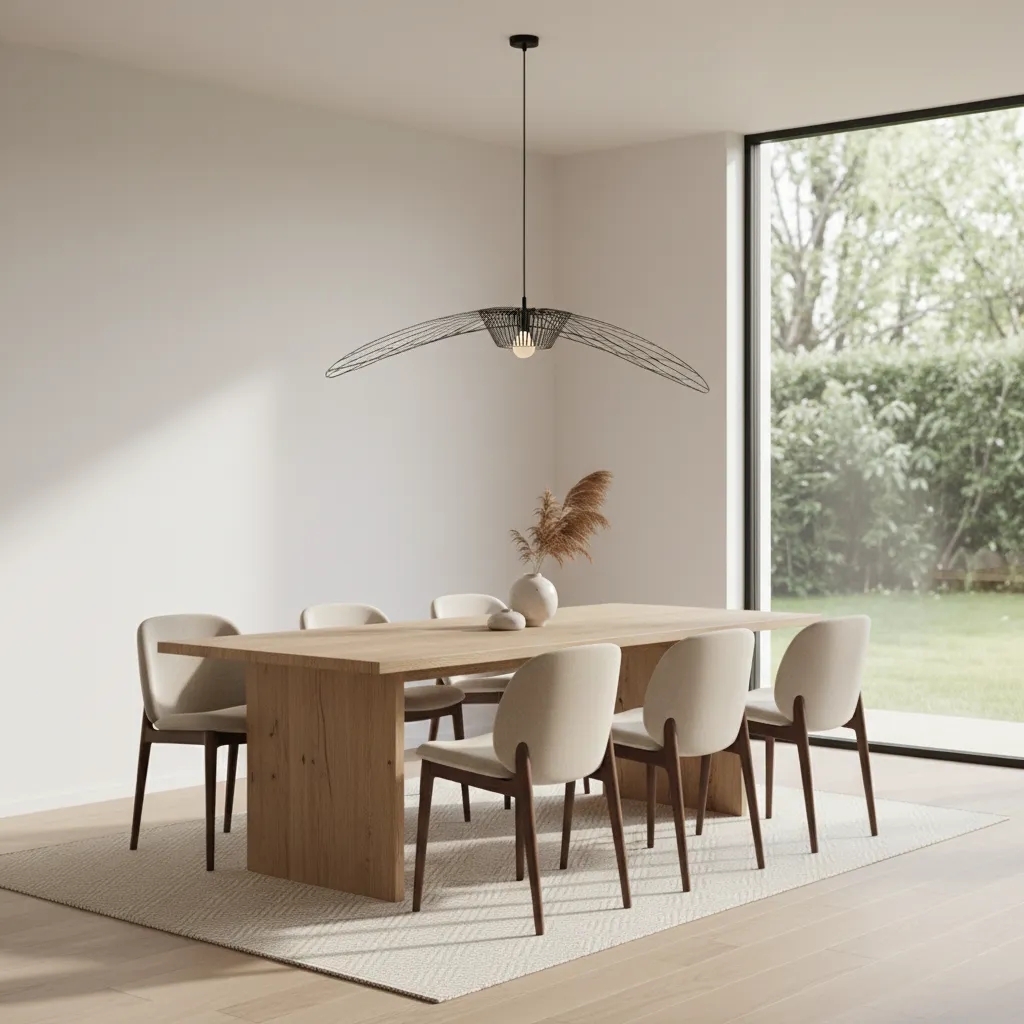 Dining room pendant light slightly off center above rectangular table