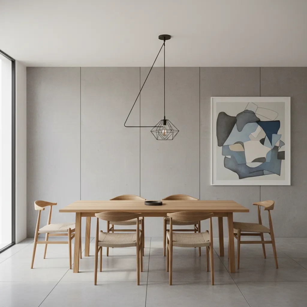 Dining room with ceiling light noticeably off center from the table