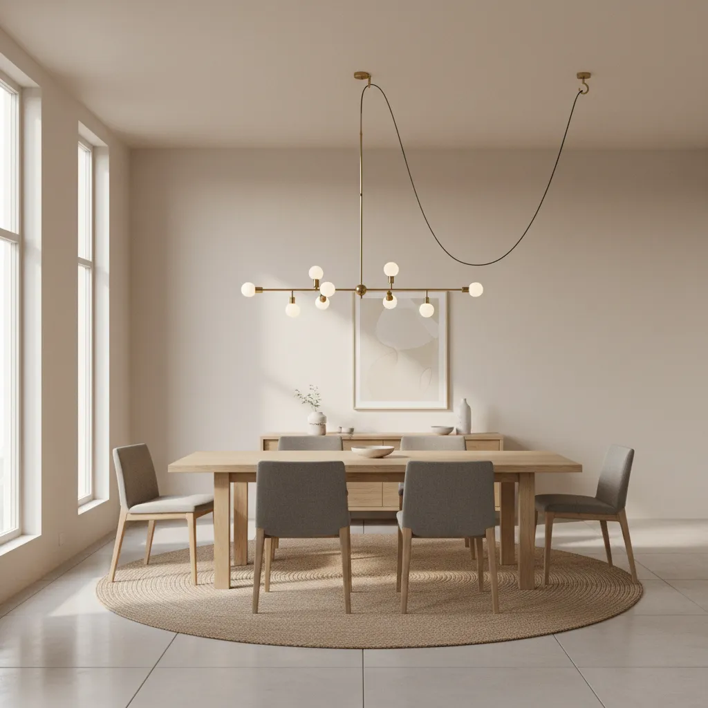 Dining room with off center ceiling box and swag chandelier positioned above table