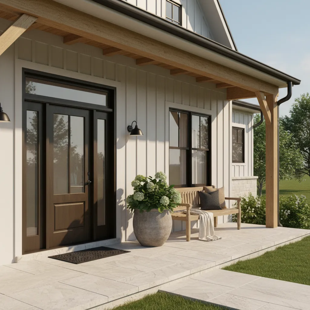 front porch with off center door visually balanced using planters and bench