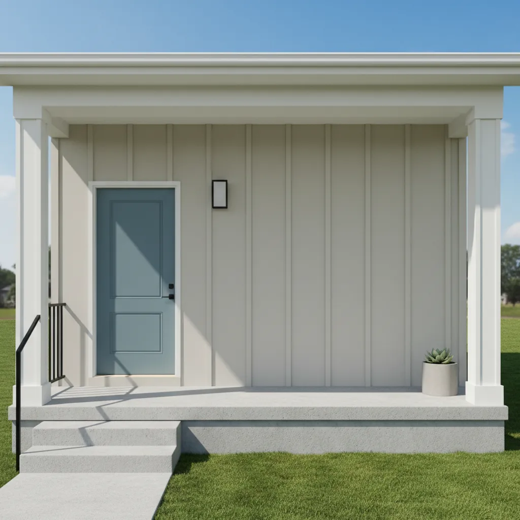 Front porch with off center front door showing imbalance in decoration