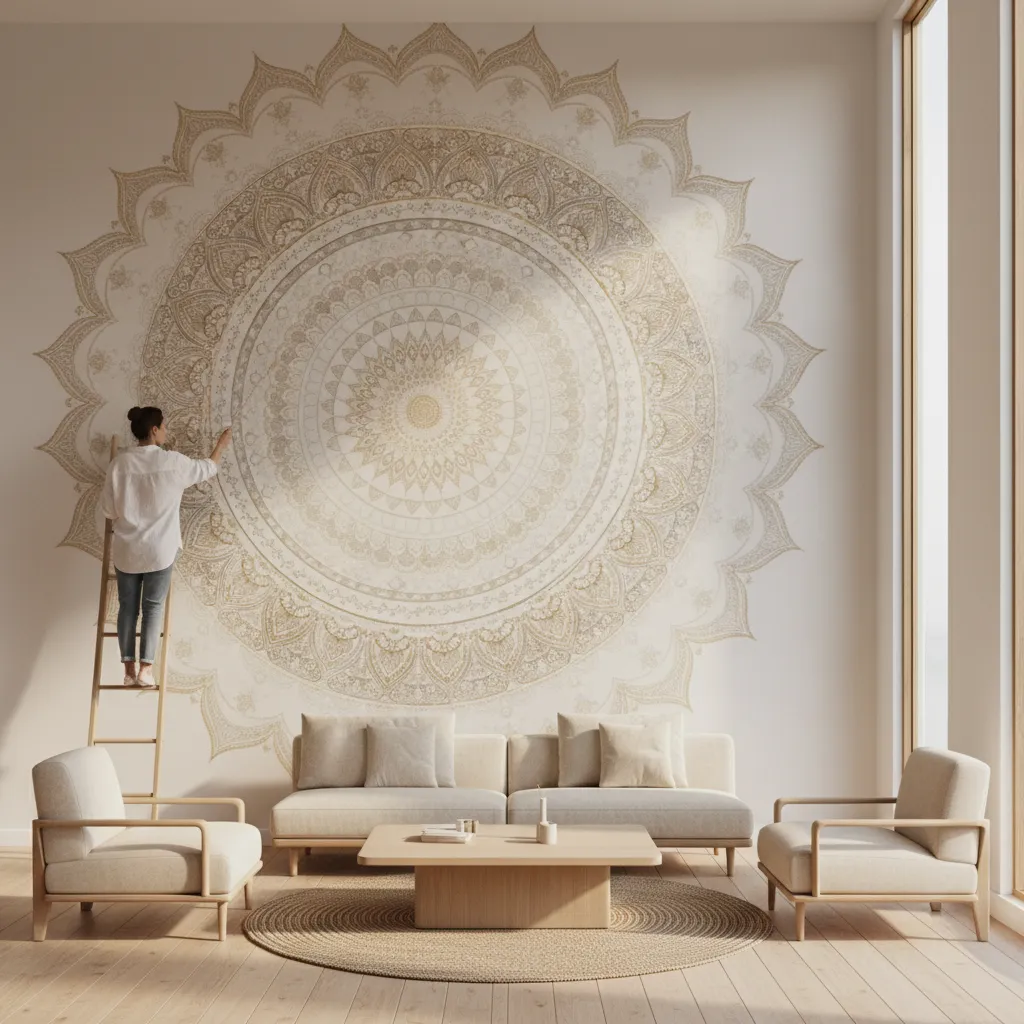 large mandala wall art slightly off center being extended with new outer patterns