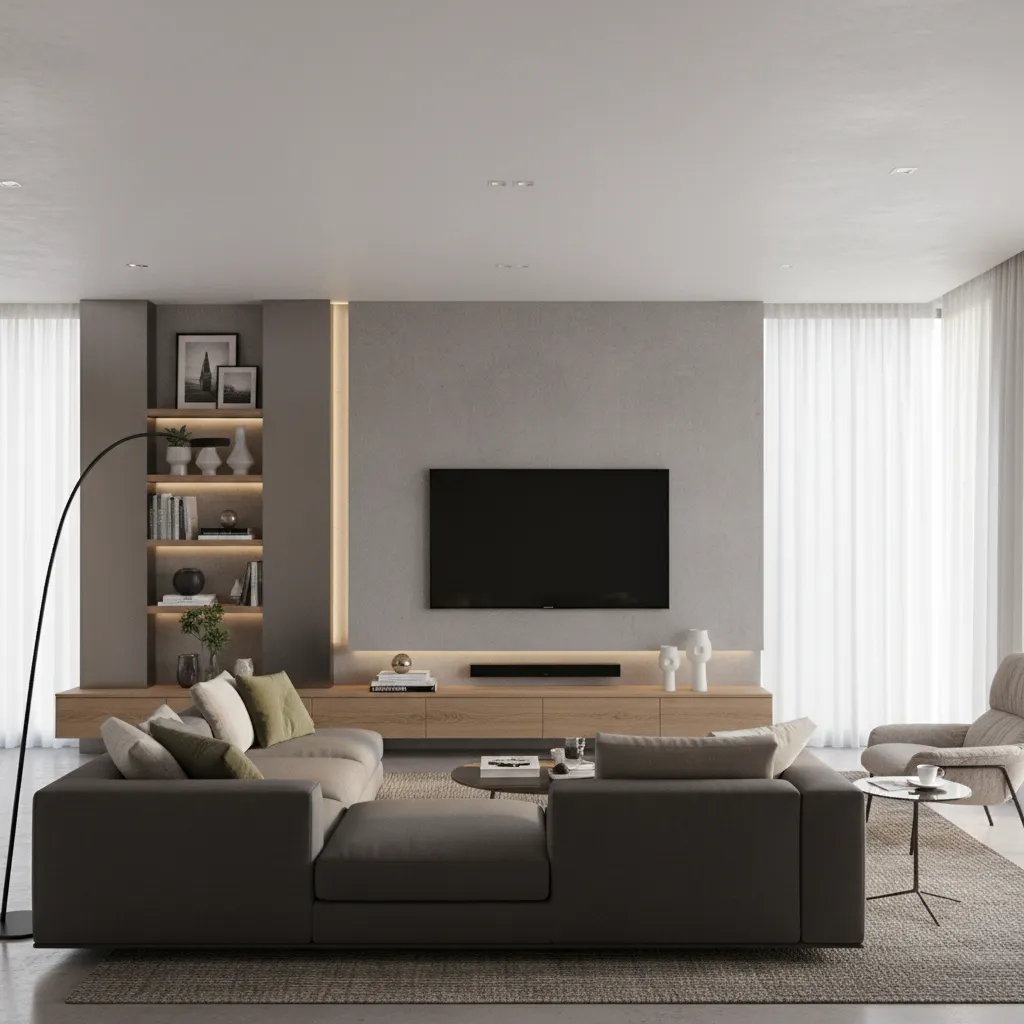 living room seating aligned with visual center while TV wall is off center