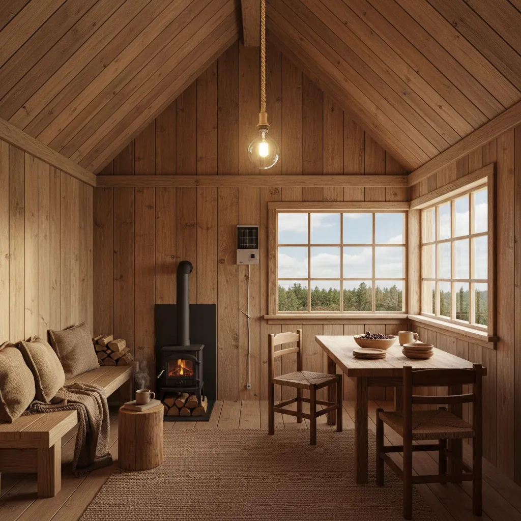 Rechargeable LED bulb lighting a small off grid cabin interior