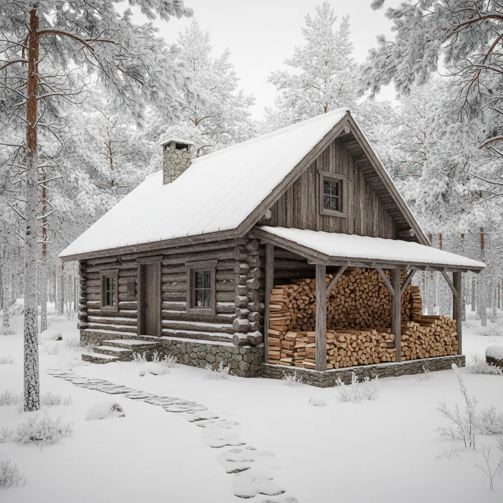 Off grid cabin exterior with organized firewood storage area