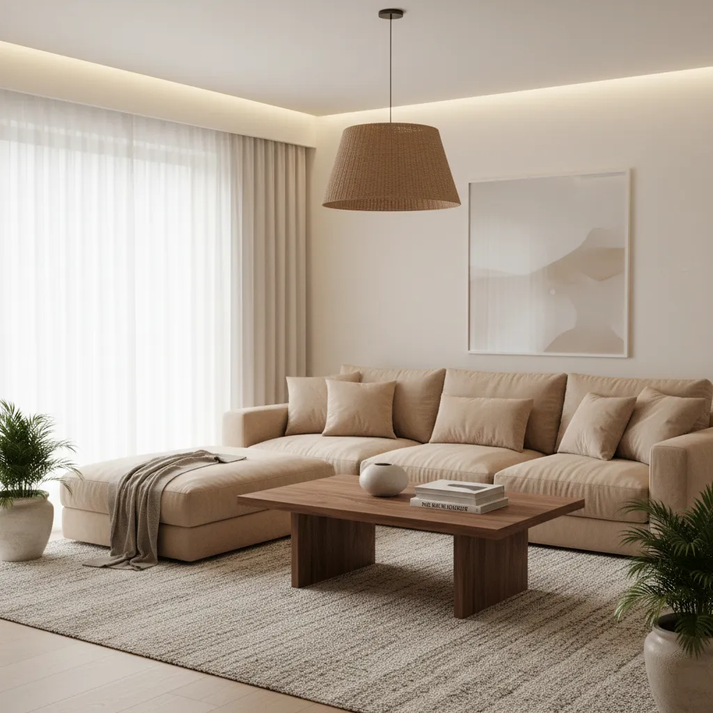 Warm beige sofa and off white walls in a cozy living room design