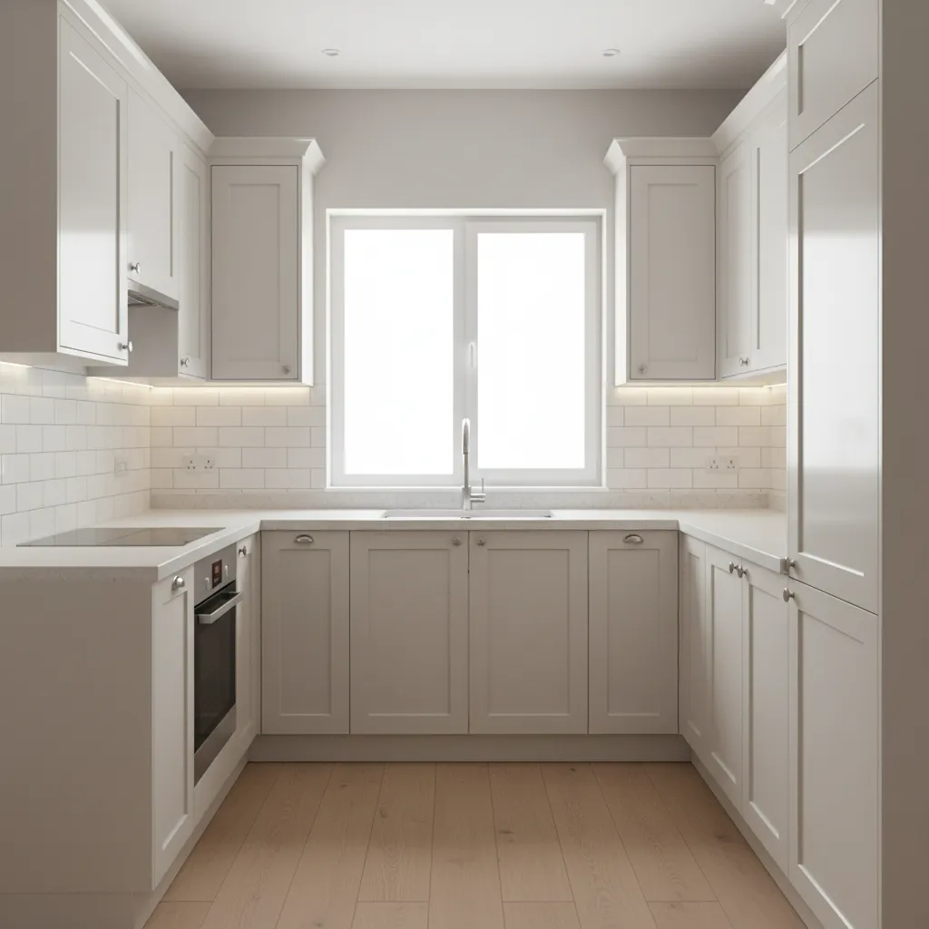 Off white cabinets paired with glossy subway tile backsplash