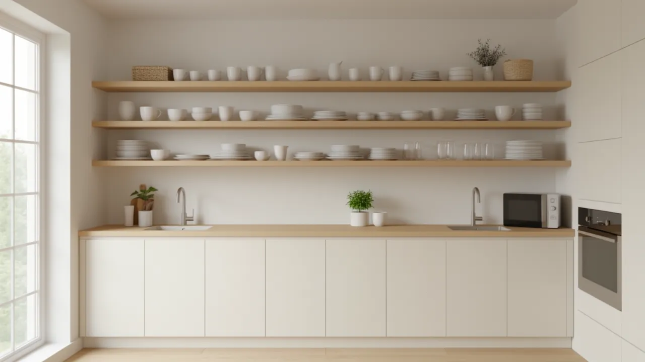 Small kitchen combining off white cabinets with wood open shelves