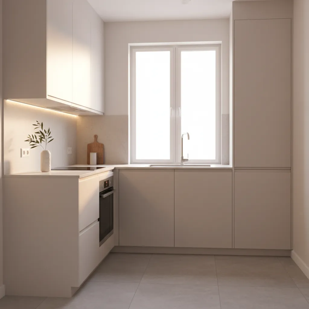 Bright compact kitchen with off white cabinets and window light