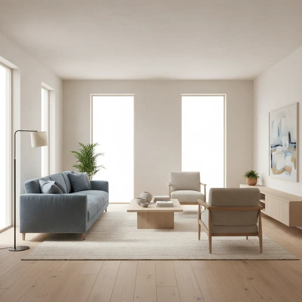 Off white living room with dusty blue sofa and light wood flooring