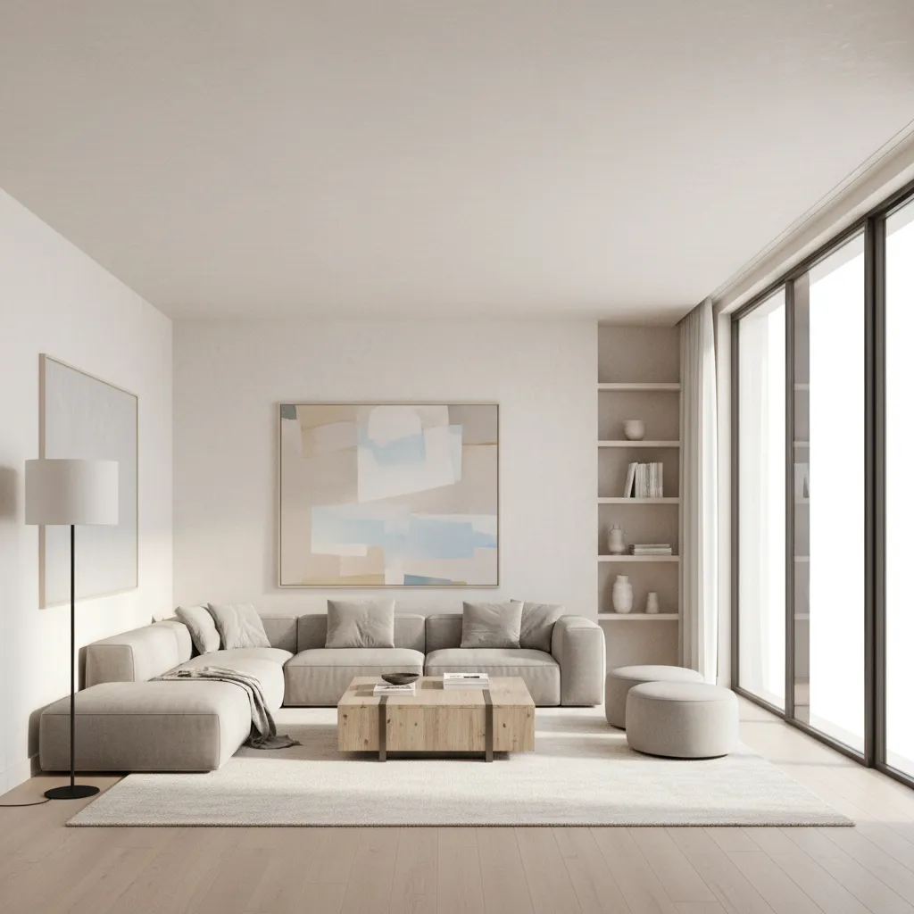 Bright off white living room with neutral furniture and soft daylight