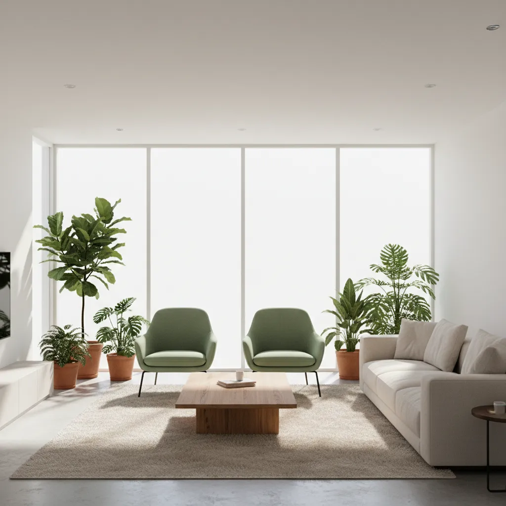 Off white living room with sage green accent chairs and natural decor