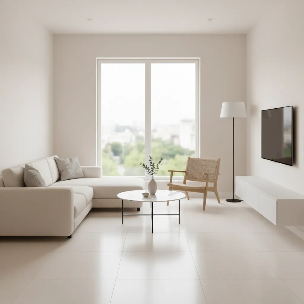 Small living room with off white tile floor reflecting natural light