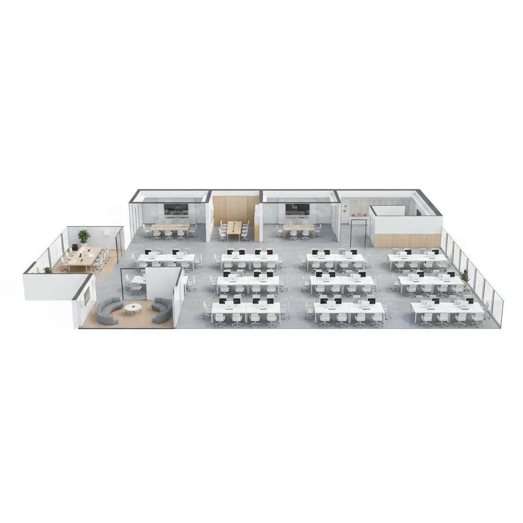 Interior design drawing showing 3D office room layout with many white desks and meeting rooms