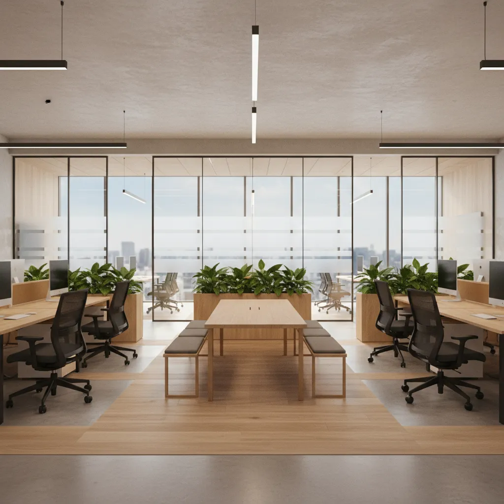 Interior design drawing showing modern office with wooden desks black chairs glass walls and plants