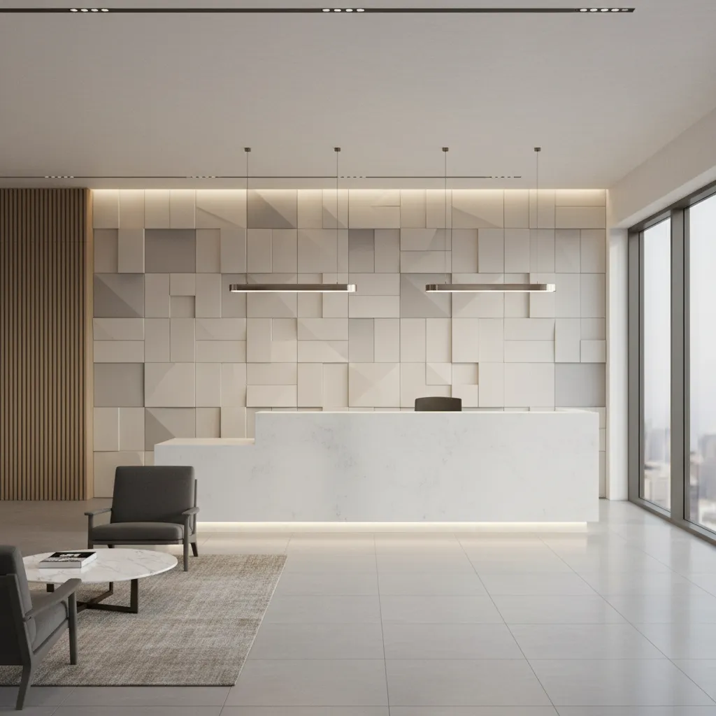 Modern office reception with white desk, textured wall panels, grey chairs, rug, and light fixtures